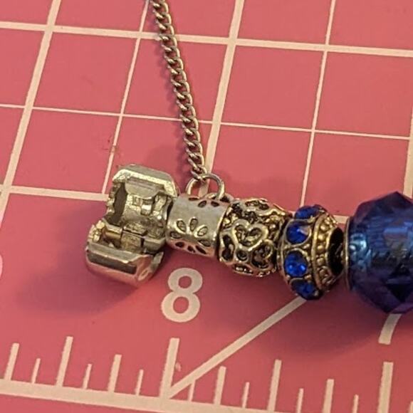 Charm Bracelet With Blue Crystal Beads in Silver Tone Metal with Safety Chain - Picture 12 of 13